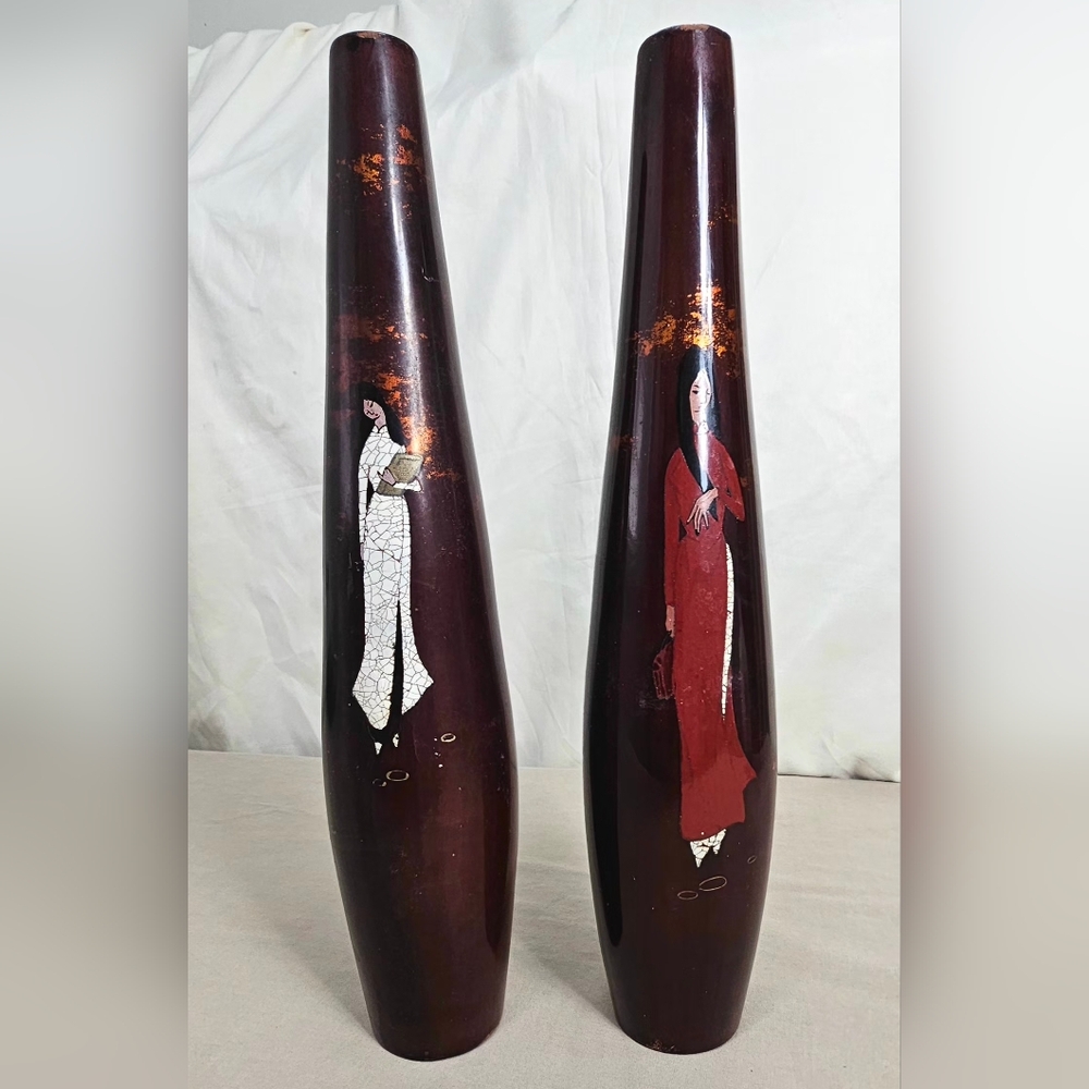 Vintage Vietnam Handicraft Lacquerware Vases Set of 2 Ao Dai Eggshell Inlay Arts